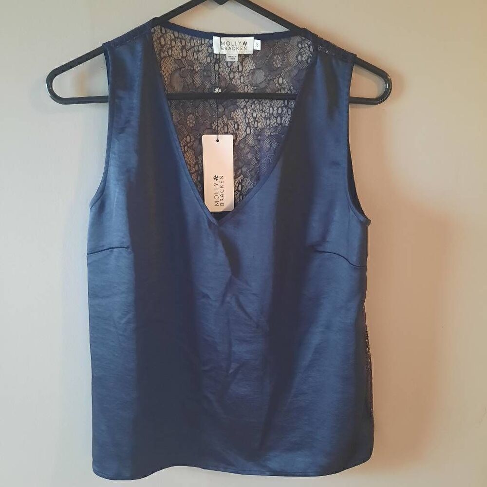 New With Tags Shiny Blue Lace Back Sleeveless Top